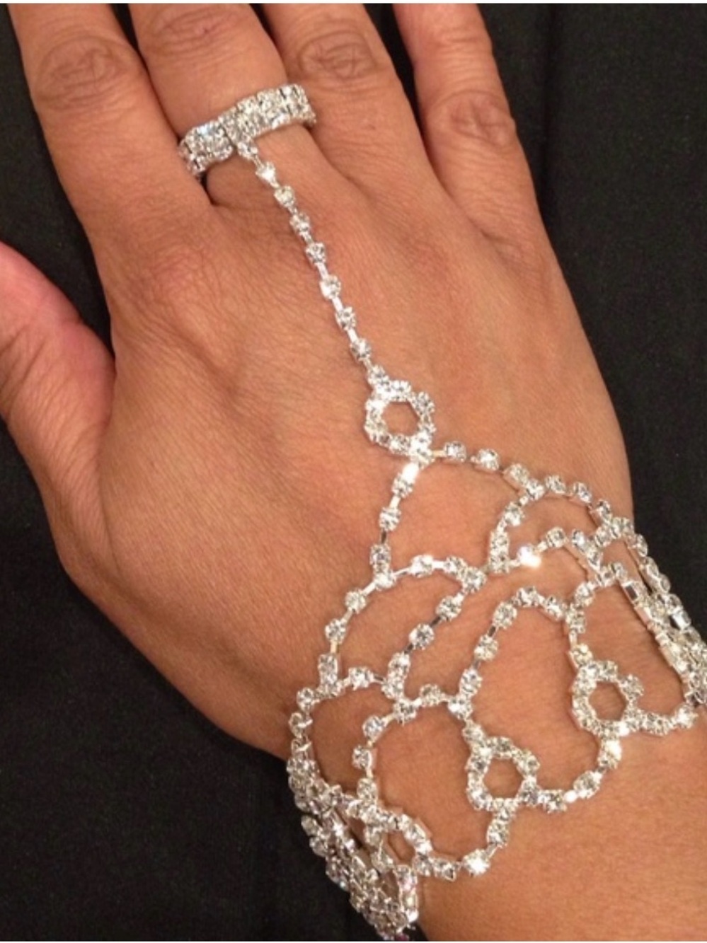 Vintage Silver Rhinestone Slave Bracelet Hand Chain Finger Ring Set Boho